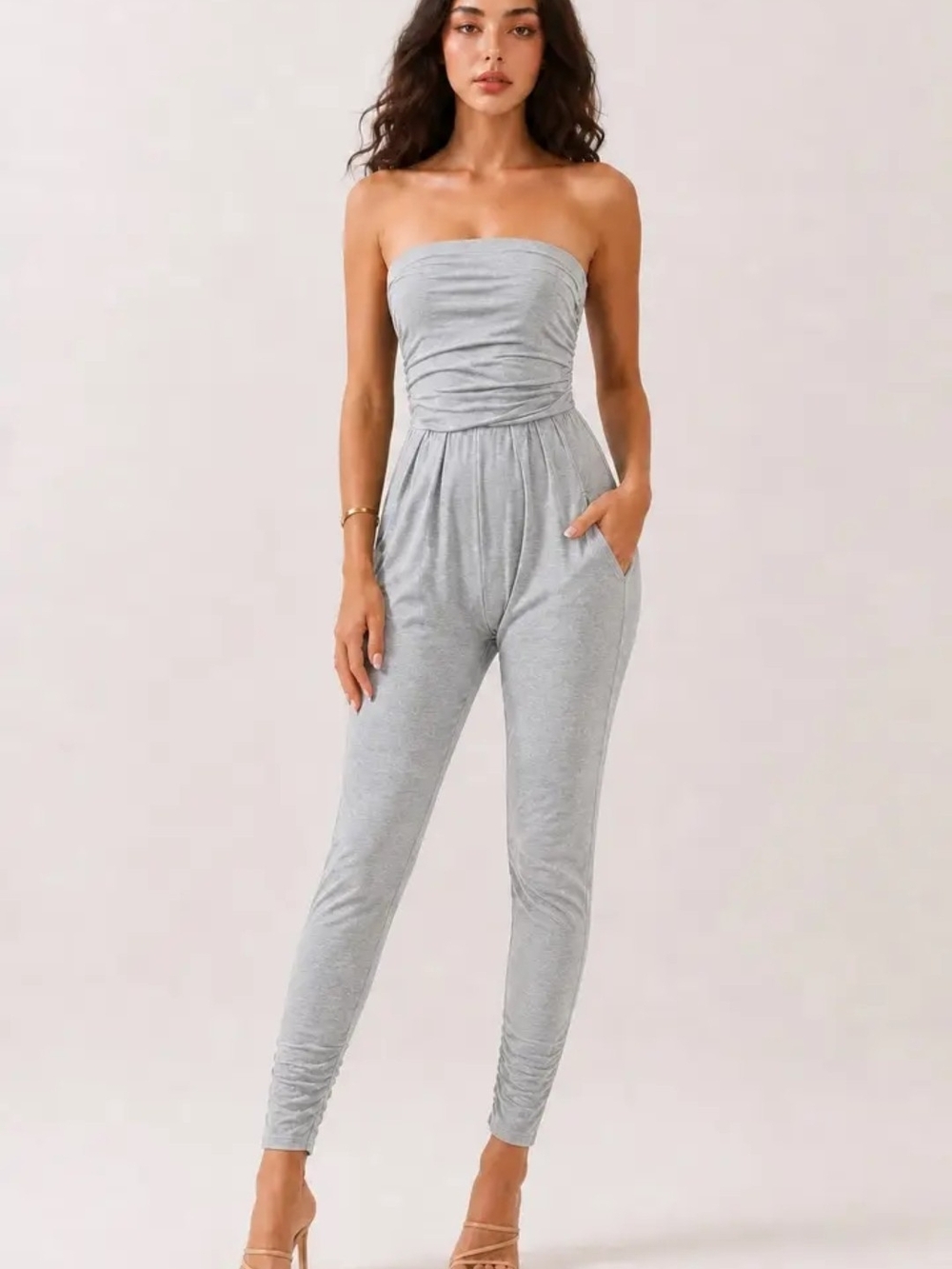 Heart & Hips Strapless Ruched Light Gray Jumpsuit